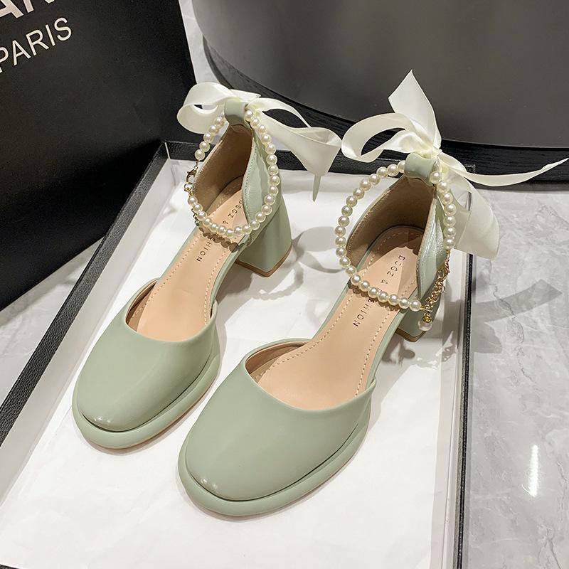 Fairy wind bag head sandals female summer pearl Mary Jane shoes one-button hollow single shoes thick heel French high heels