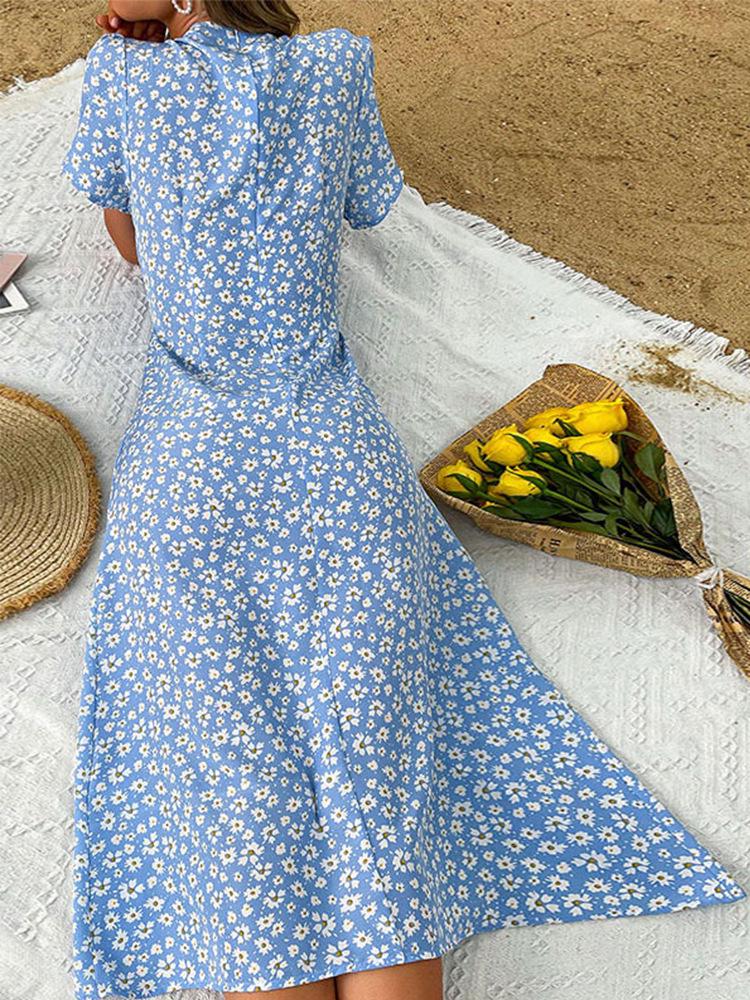 Pastoral Floral V-Neck Puff Sleeve Slimming Long Dress