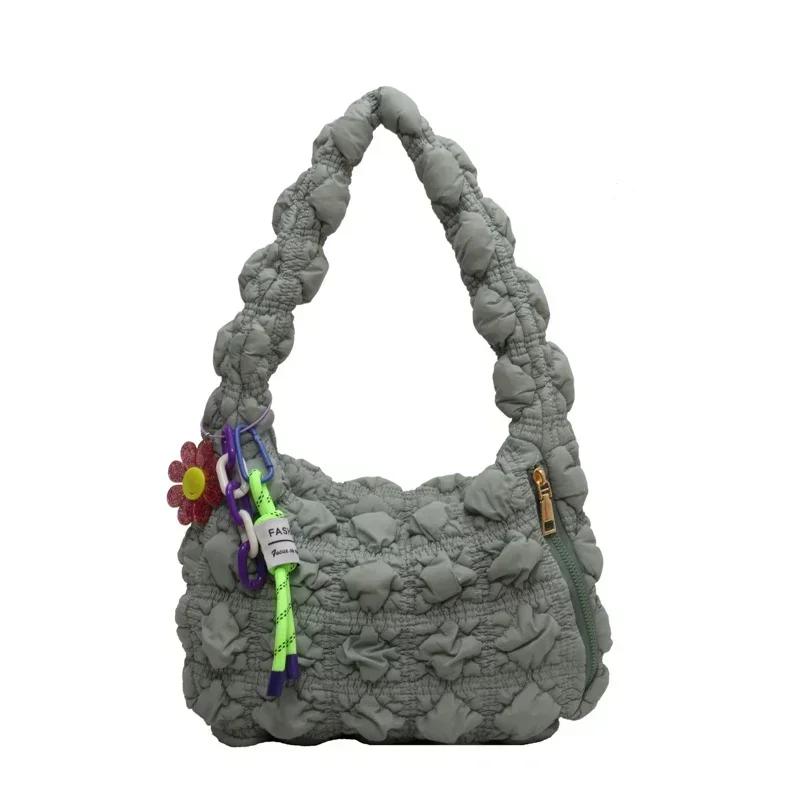 Hobo axelväska med dragkedja mångsidig modeväska enkel pendelformad crossbody-väska mjuk bomull monokrom