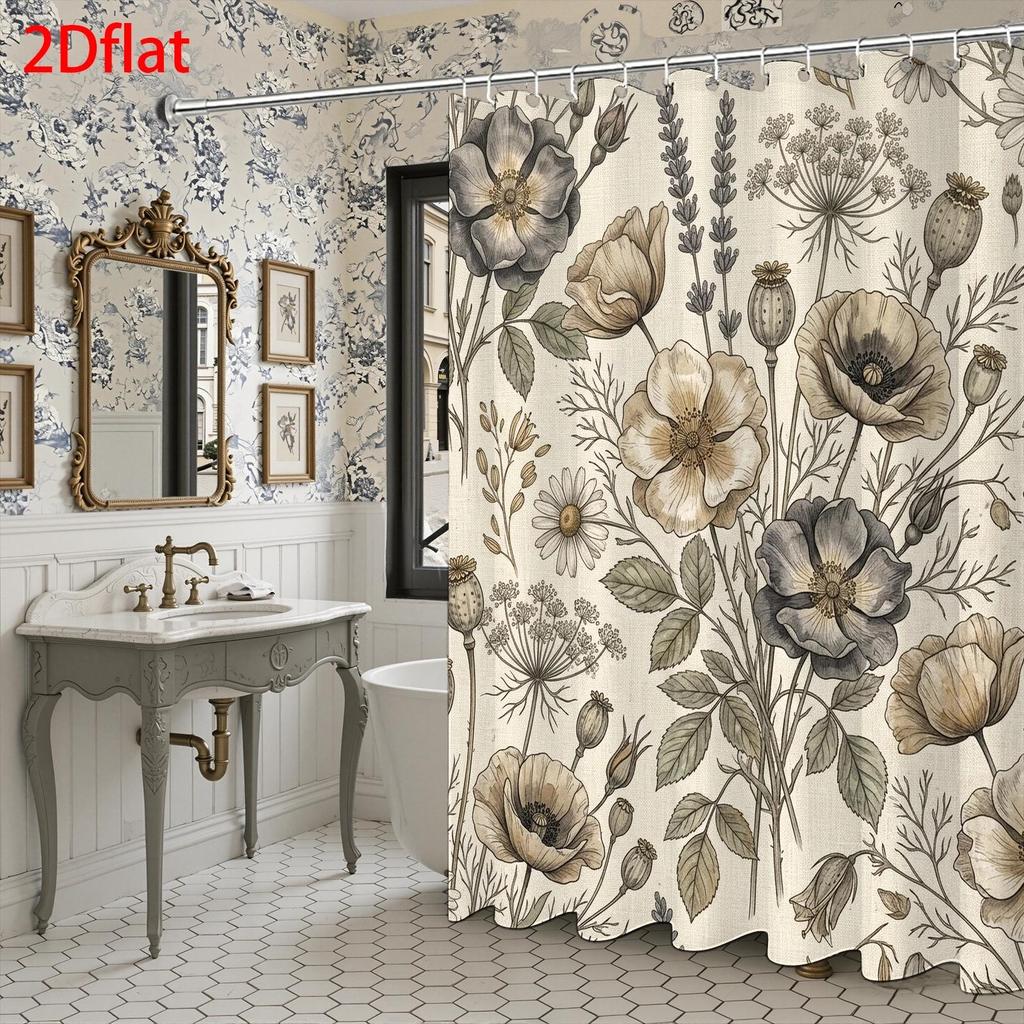 Eleganter Blumiger Botanischer Duschvorhang Polyester Wasserdicht Badezimmer Dekor Vorhang Wasserdicht Vintage Natur Design