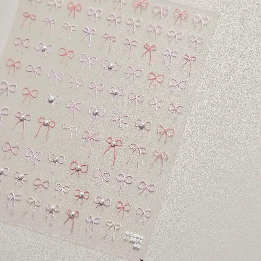 Shiny Red Bowknot Bow Tie Silk Ribbon Butterfly 5D Nail Art Sticker Pearl Rhinestones Self Adhesive Decoration Manicure Decal
