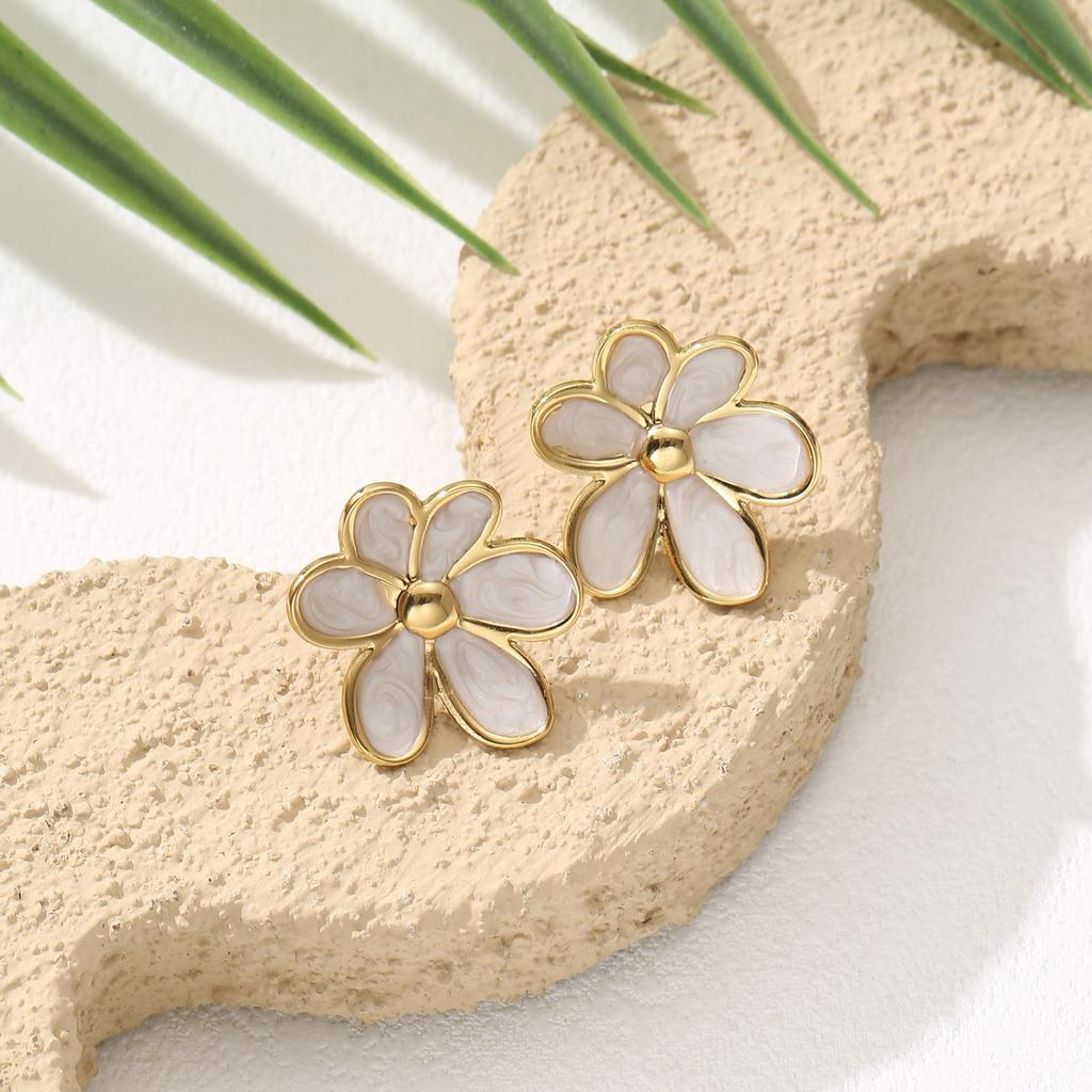 304L Stainless Steel Black Enamel Flower Drop Earrings for Women