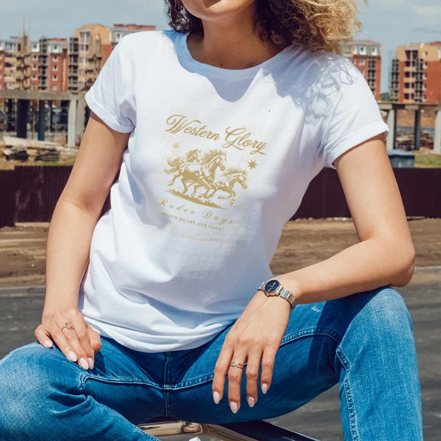 

Western rodeo themed Print for Summer Rodeo Events Short Sleeve T Shirt for Women with a Bold Glamorous Style XXXXXL білий