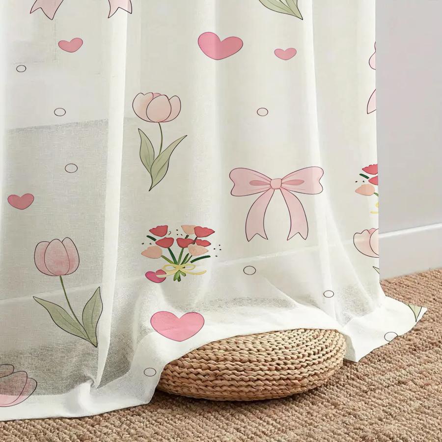 Single Panel Valentine Cute Pink Bow Floral Heart Sheer Curtain Sweet Romantic Print Window Drape Bedroom Semi For Made Of Polyester