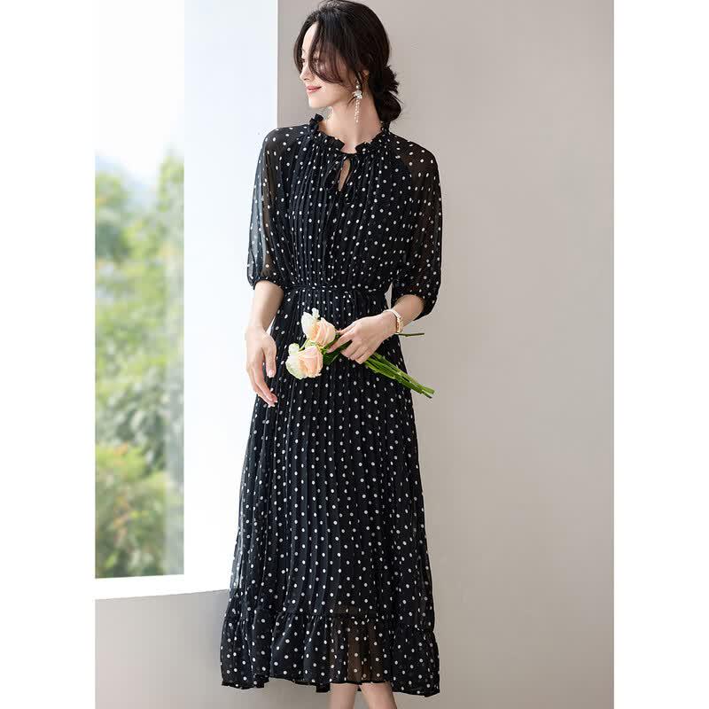 ORIGIN Elegant Polka Dot V-Neck Chiffon Midi Dress M