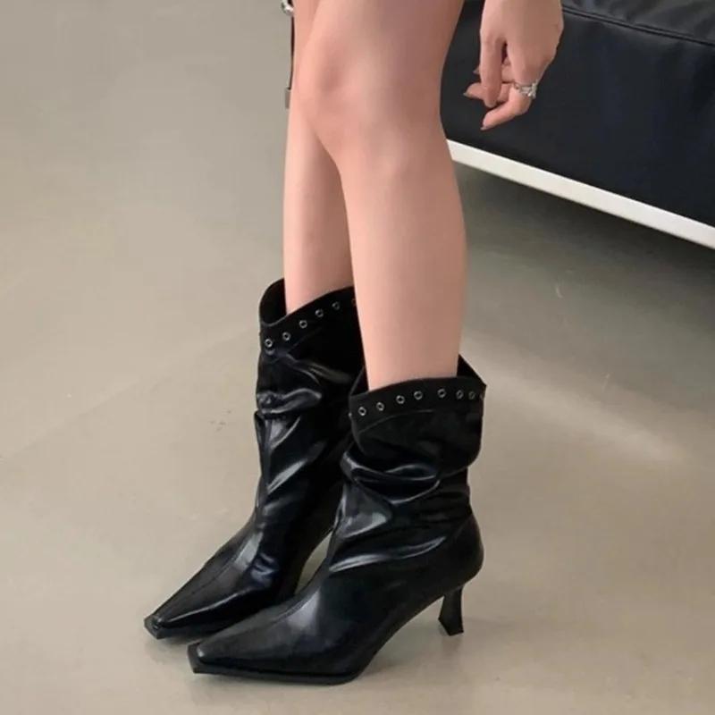 Ny Stil Dame Støvler Høst Pointe Sko Nitter Vinter Fottøy Støvler-Dame Spiss Skinn Høy Hæl Ankel Gummi Cowboy Støvel