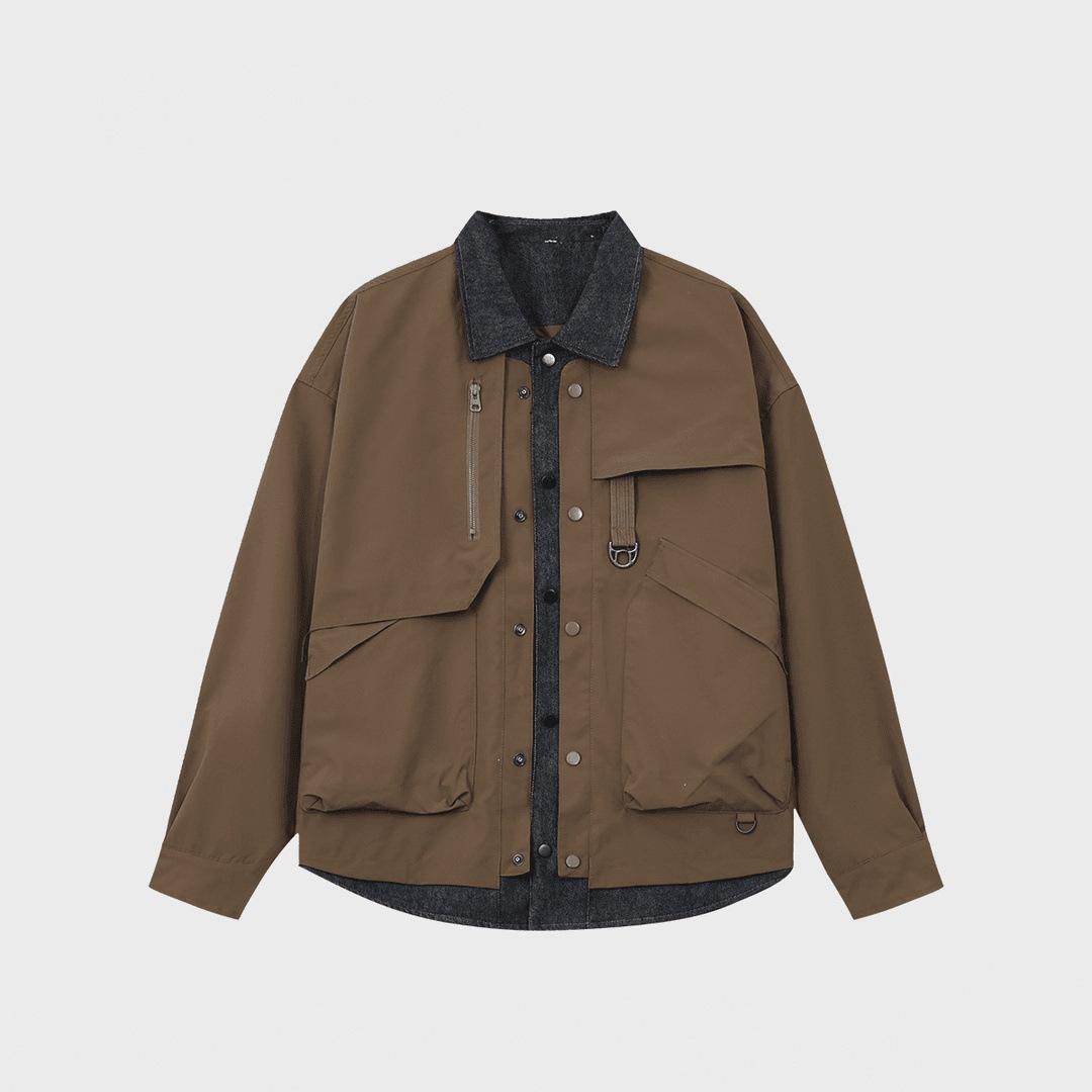 

Denim splicing fake two pieces men s new spring and autumn coat trend loose lapel versatile couple tooling jacket 2XL [175-100 kg] темно-коричневого