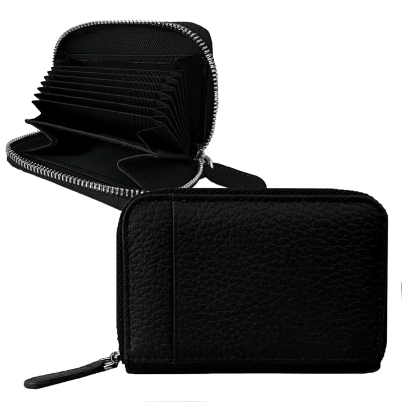 

[Giselle] card case genuine leather large capacity compact wallet bifold small thin mini wallet Bellows pass case coin purse ladies men s (black)