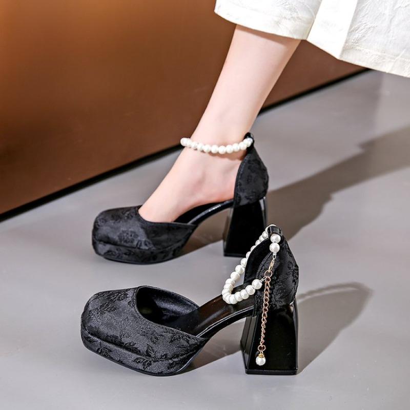 2026 Women High Heels Shoes Elegant Pearl Ankle Buckle Square Toe Pumps for Women Thick Heeled Embroidery Single Shoes
