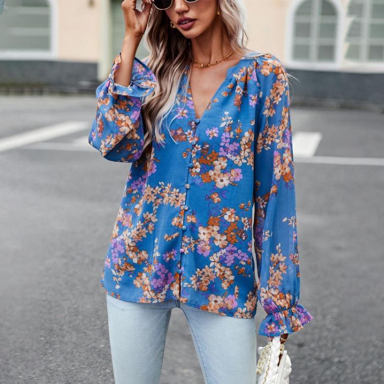 Elegant Floral Blouse for Women V Neck Lantern Sleeve Button Top Autumn Shirt
