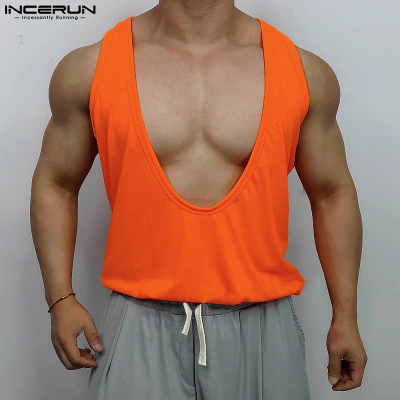 INCERUN Summer Men Deep U Neck Sleeveless Sport Casual Loose Tank Tops