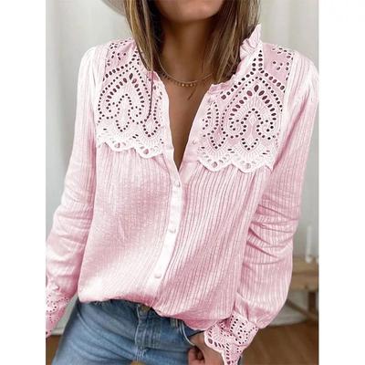 Autumn/Spring Solid Color V-neck Long-sleeved Women's Blouse Loose Casual Loose Casual Cotton Lace Shirt Fashion Elegant Women's Tops Plus Size