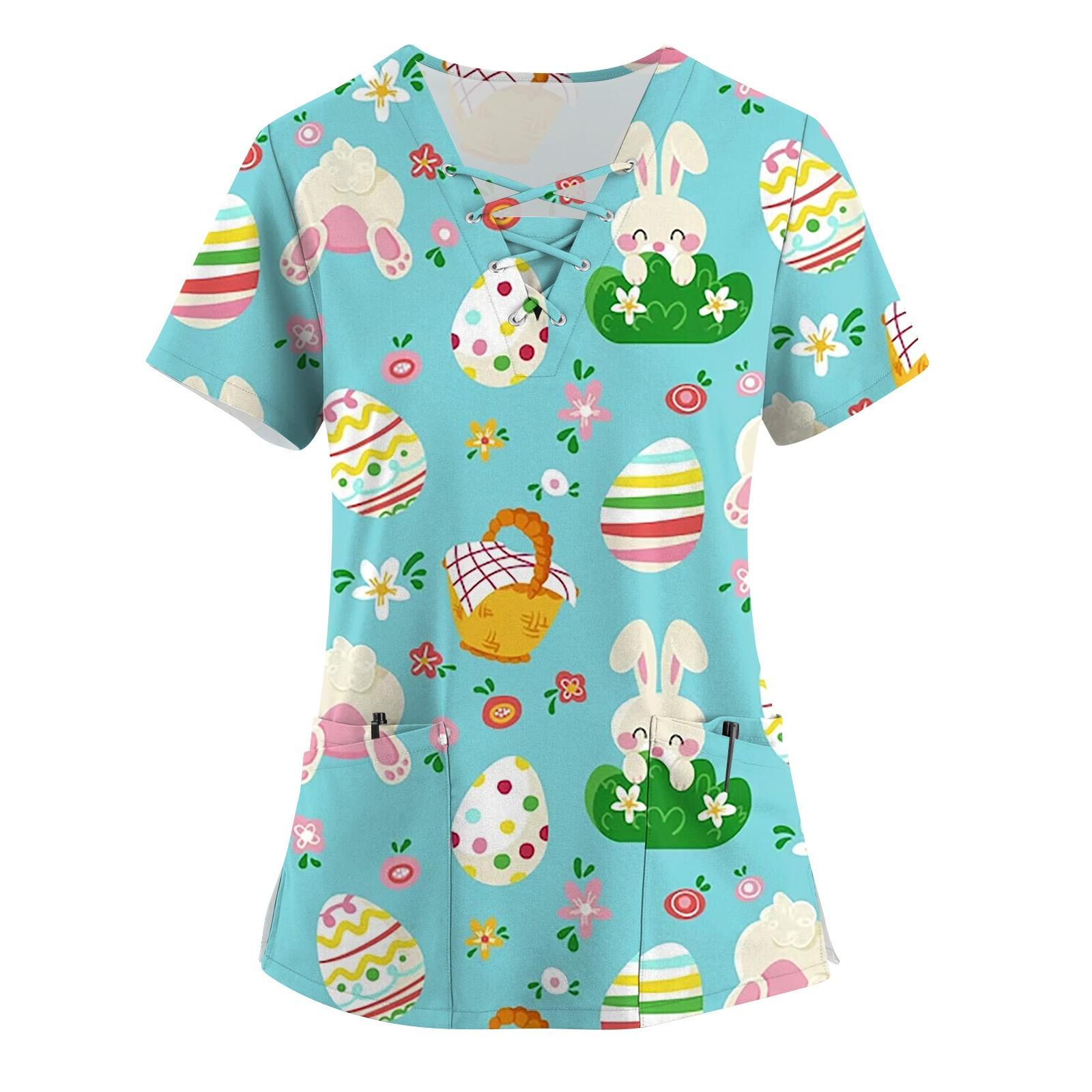 

Плюс размер скраб с принтом Рабочая форма Топы для женщин Крест V-образным вырезом Форальный принт с короткими рукавами Забавные футболки Спецодежда Футболка с карманами XXXXL циан