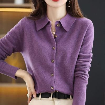 Damen Wollstrick-Cardigan-Jacke, lockerer Polo-Kragen-Pullover, außen, einfarbig, Knopfstrick-Hemd, Pullover, koreanisches Herbst-Winter-T-Shirt