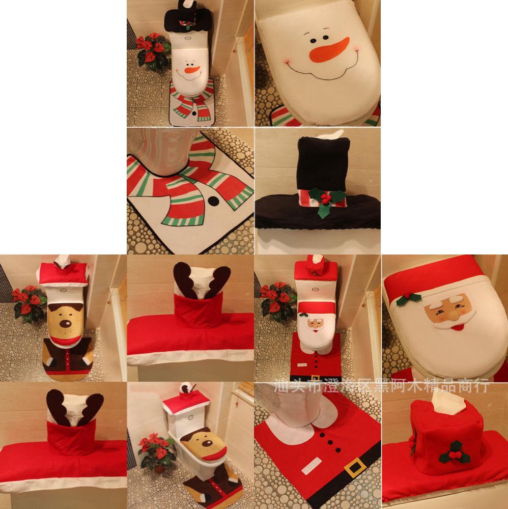 Festliches Weihnachts-WC-Sitzbezug-Set mit Weihnachtsmann-, Schneemann- und Rentiermotiven