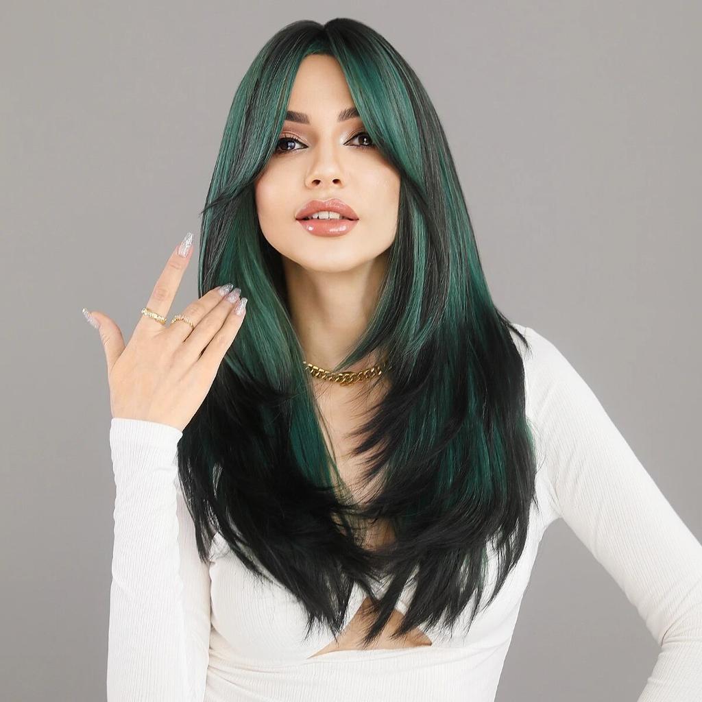 Flauschige Lavendel-synthetische grüne Perücken für Frauen, tägliches Cosplay, neuer Trend, mittlerer Teil, gewelltes grünes Haar, Perücke, hitzebeständige Faser