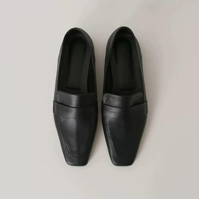 Cowhide version~ retro simple style square head flat-bottomed commuter shoes single shoes women's 2025 versatile small leather shoes loafers