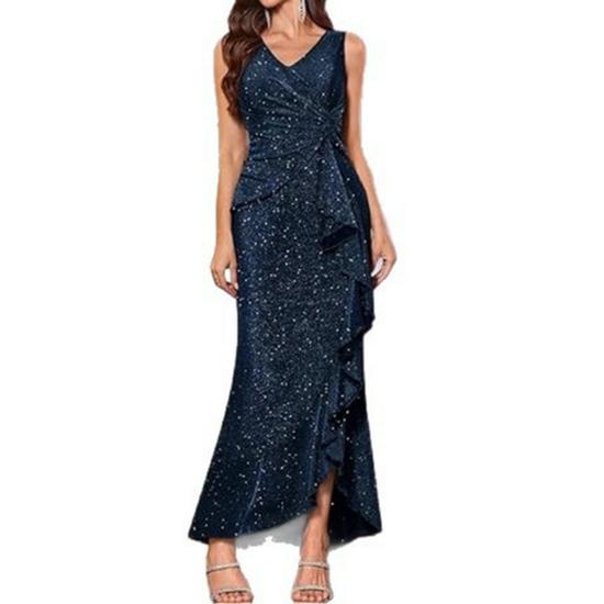 Vestido de Noche Europeo Elegante para Mujer 2025 con Lentejuelas, Cuello en V y Abertura