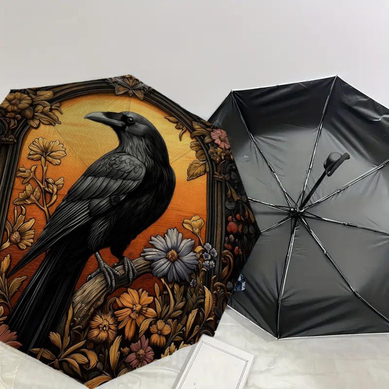 1pc Raven Flowers Automatic Folding Umbrella, Heavy Duty 8 Rib Iron Frame,  Suitable for Travel, Daily Use, Birthday, Decor Gift m0104063