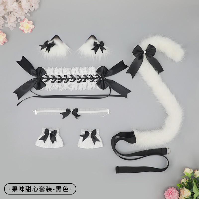 Süßes Lolita Haaraccessoires Set Katzenohren-Haarreif Mit Schleifenclip Handgefertigtes Stoff-Haarband Anime Convention