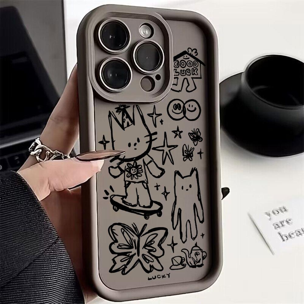 Cute Black Kitten Sketch Cat Phone Case For iPhone 17 Air 16 E 15 14 13 12 11 Pro Max Plus Mini SE 2020 2022 Soft TPU Back