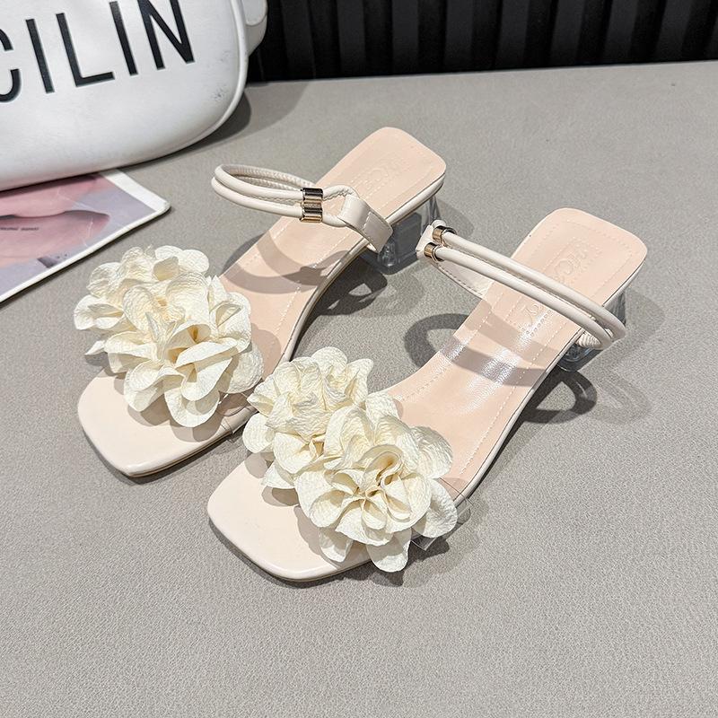 Thick Heel One-word Slippers Women's Shoes Summer Camellia Flower Cool Slippers with Skirt Sandals