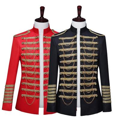 Trajes de corte de cadena de Metal con incrustaciones negras y rojas para DJ de club nocturno militar para hombres, trajes militares para actuación en Bar