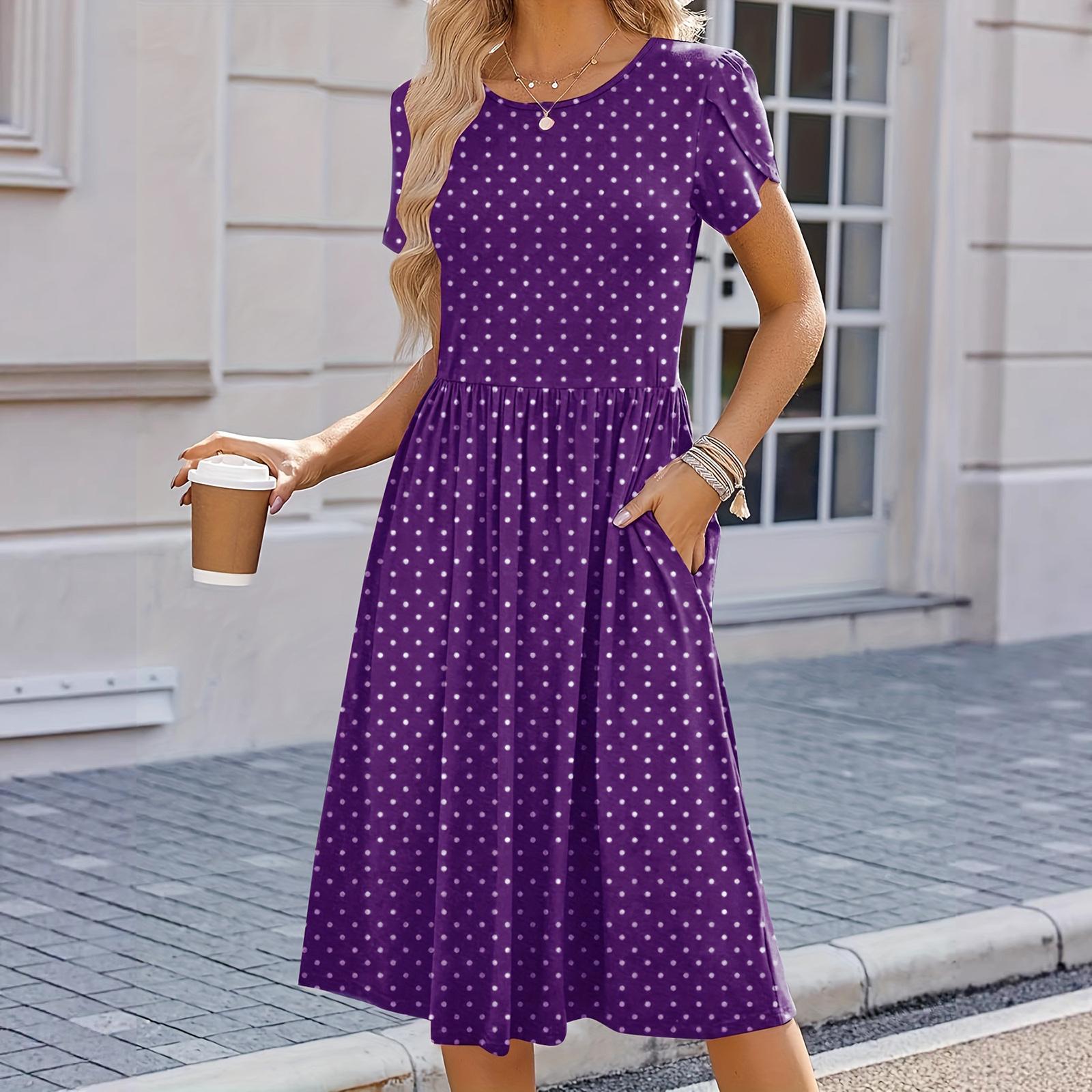 

Women s Polka Dot A-Line Dress, Round Neck Short Sleeve Casual Midi Dress XL фіолетовий