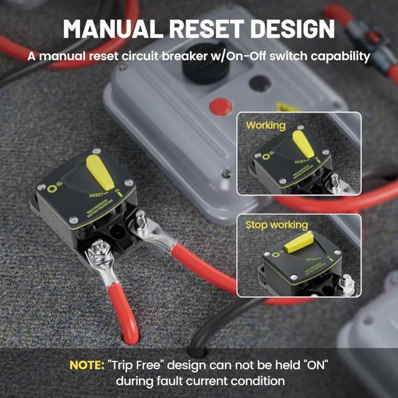High Amperage Circuit Breaker with Manual Reset for Use in Car Motorhomes Boats Solar Installations Corrosion Resistant