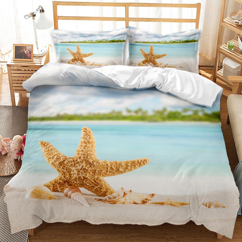 Beach Themed Bedding Set Blue Ocean Duvet Cover Set Starfish Printed Coastal Bedding Beach Queen/King/Full Size Comforter Cover