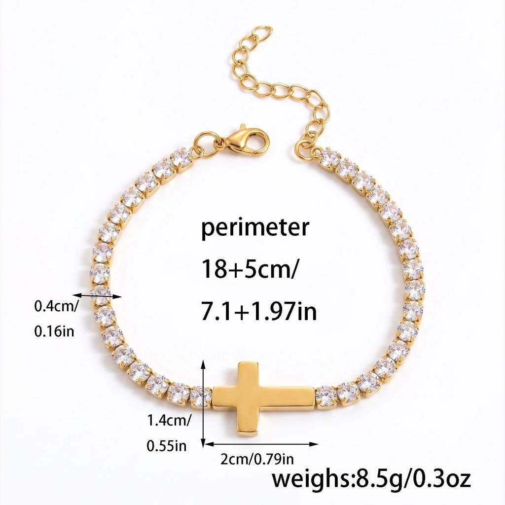 Anti Tarnish Jewelry Punk Stainless Steel CZ Cross Charm Link Bracelet Men's 18K Gold Plated Diamond Tennis Bracelet With Cross