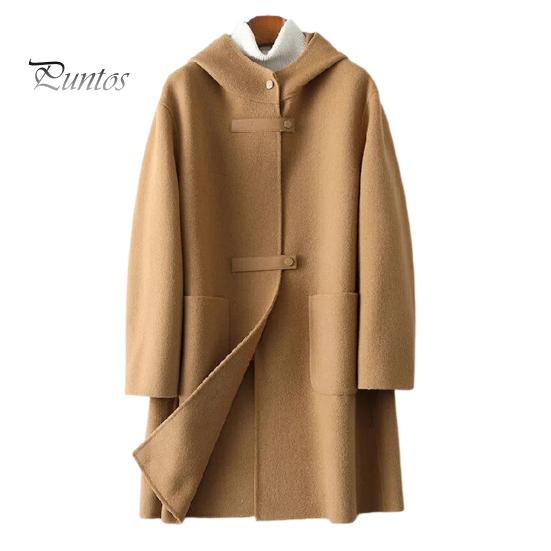 Lady Overcoat Women Winter Coat Long Sleeves Single-breasted Hooded Solid Color Pockets Keep Warm Cardigan Single Side Cashmere Wool Large Size Thick
