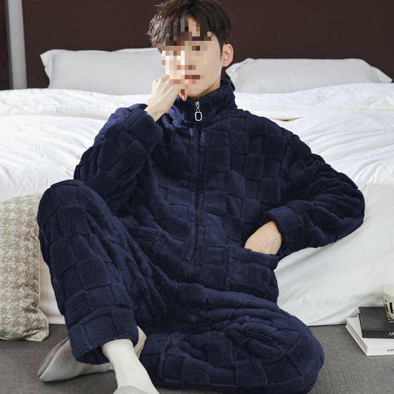Herren Winter Korallenfleece Schlafanzug Set - Dick, Plüschgefüttert Flanell mit Reißverschluss, Stilvoll und Gemütlich für Herbst und Winter