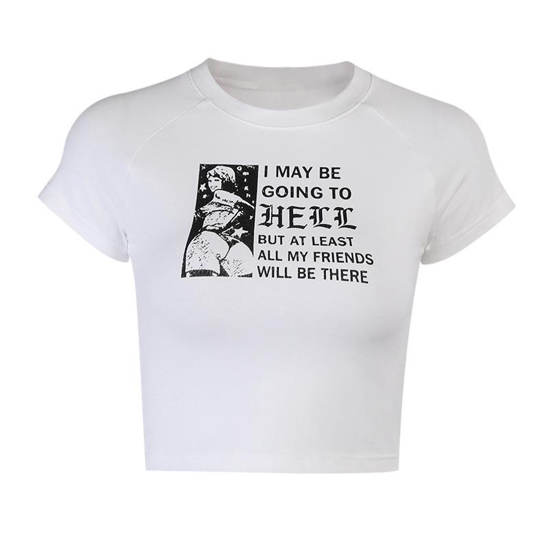 European, American English slogans Printed sexy exposed navel short T-shirt fashionable round neck slim slim top women's multi-picture