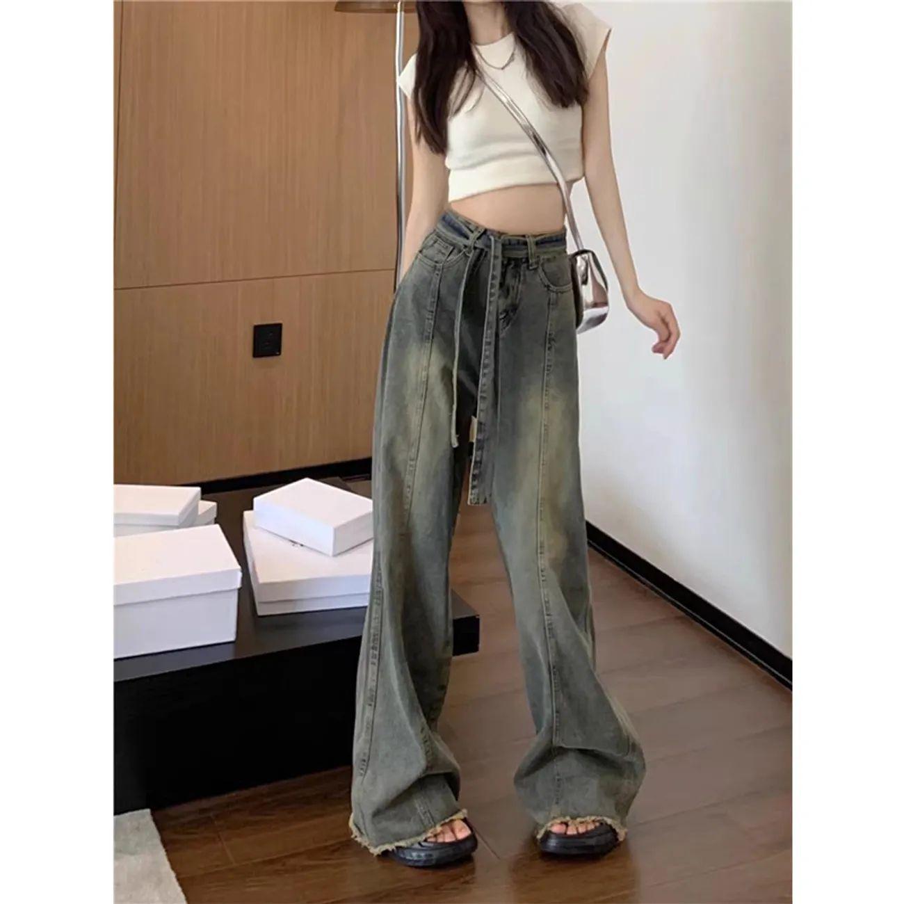 

Distressed High-Waisted Lace-Up Wide-Leg Jeans with Frayed Edges for Women Small синий