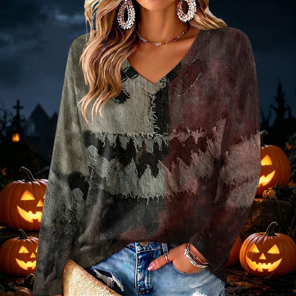 Women's V-Neck Long Sleeve Halloween Print Lightweight Blouse for Fall Parties and Everyday Wear