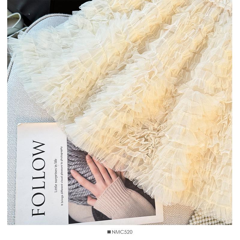 Korean Ballet-Inspired High-Waisted Ruffled Mesh A-Line Layered Skirt for Women, Autumn 2025