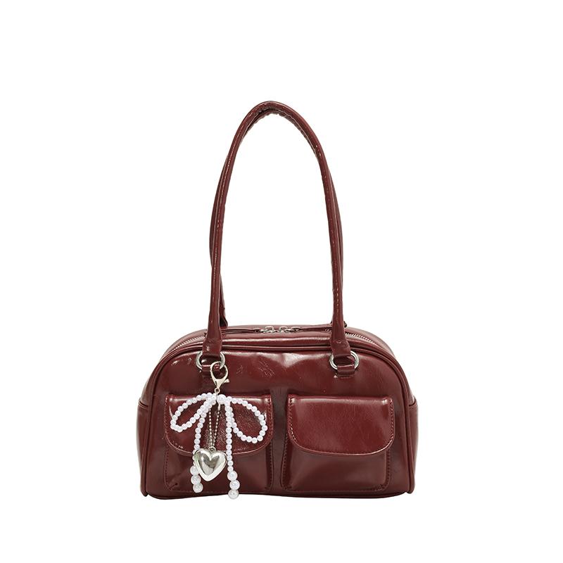 

2026 Fashi Trend Bags PU Multiple Pockets Design Sense Bost Bags Beading Bow Solid Color Zipper Shoulder Bags червоний