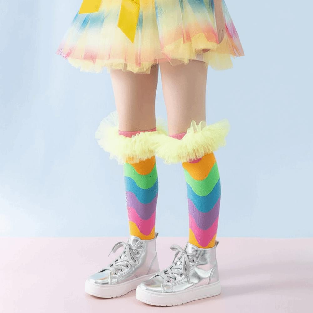 New Cartoon Knee Socks Breathable Rainbow Color Ruffles Socks No Heel Stockings