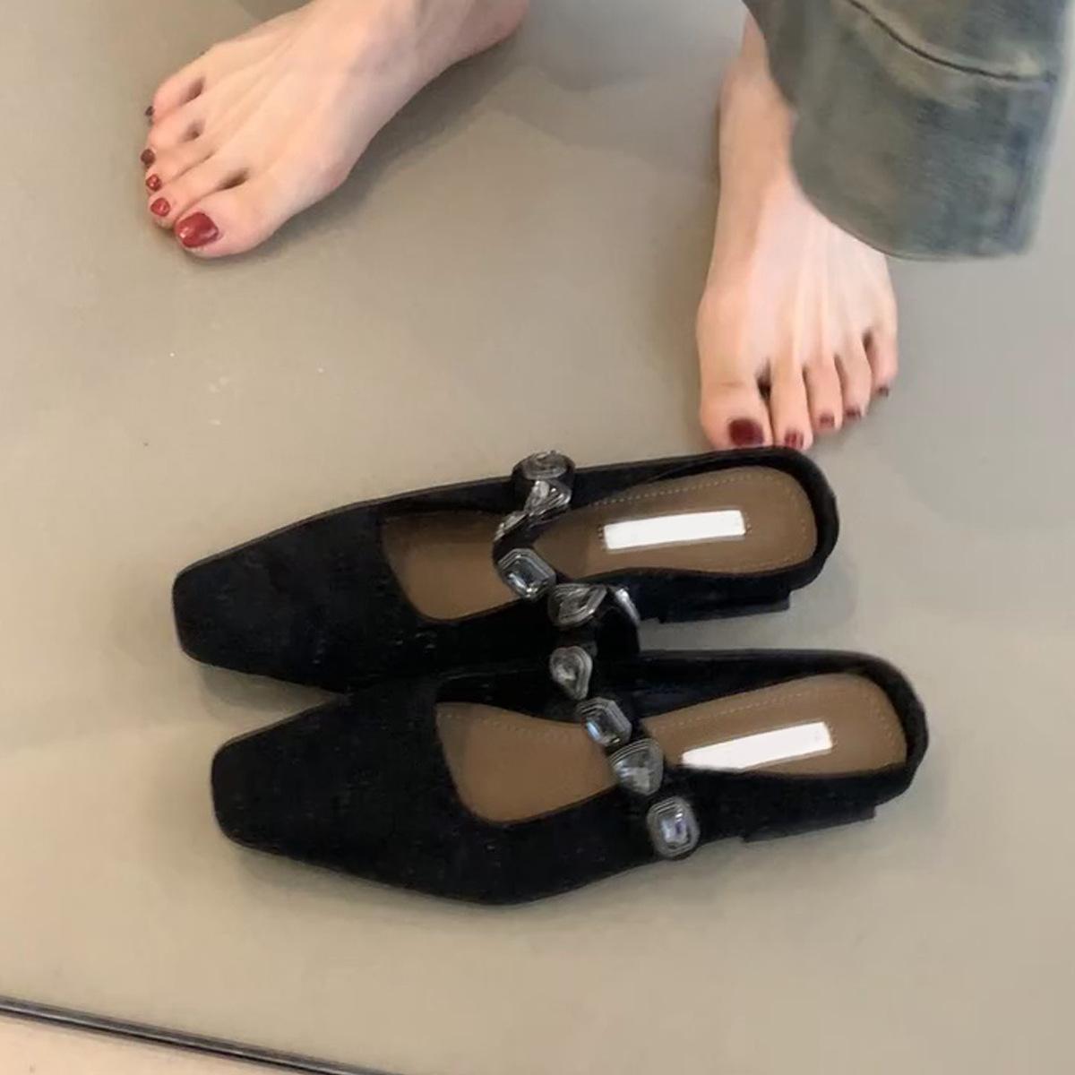 

Sheepskin version~ French temperament bag head half slippers women s rhinestone word with versatile square head low heel single shoes Muller shoes 35 чёрный