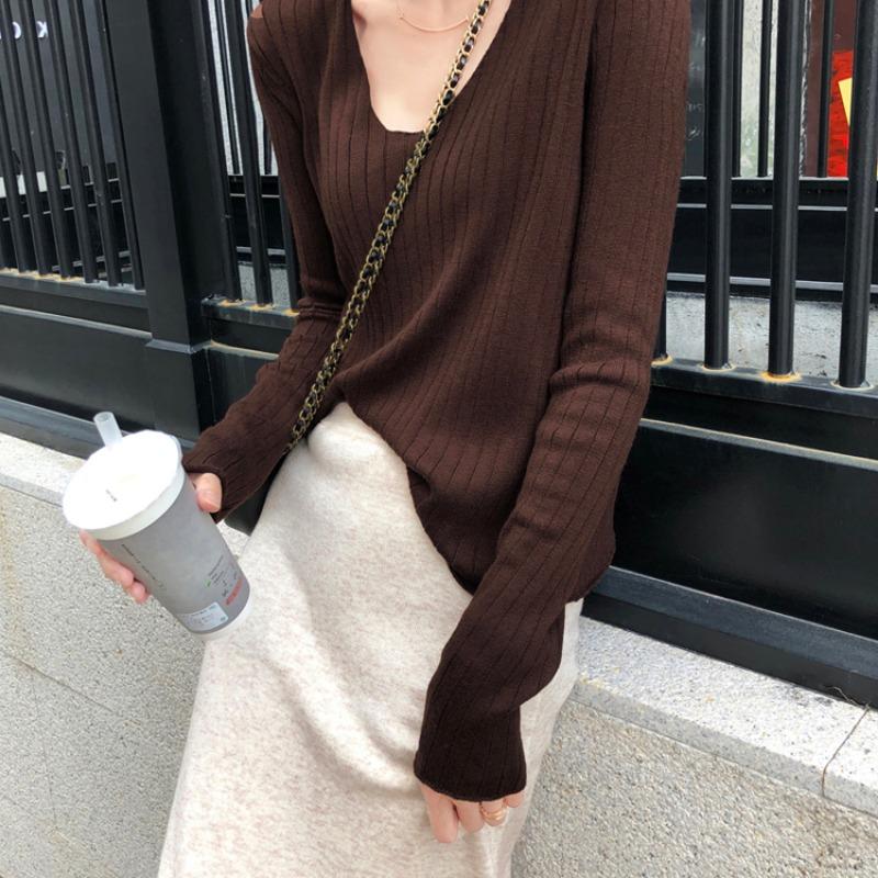 Spring and Autumn Lazy Style Long-sleeved Autumn Clothes Women's Outerwear, Loose Pullover V-neck T-shirt Sweater All-match Top 1739#