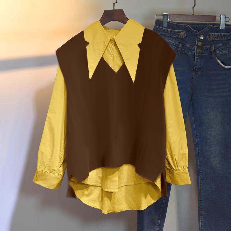 ZANZEA Women Casual Fake Two-Piece Long Sleeve Contrast Color Shirts