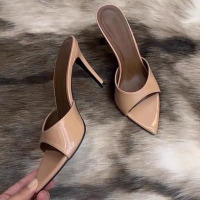 Summer Slippers Women's High Heels Pointed Straight Patent Leather High-end Feeling Straight Nude Color 2026 New Model Super Popular