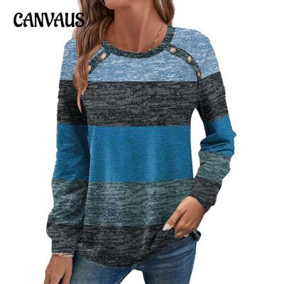 Spring and Autumn Women's Blouse Clashing Buttons Round Neck Long Sleeve Top