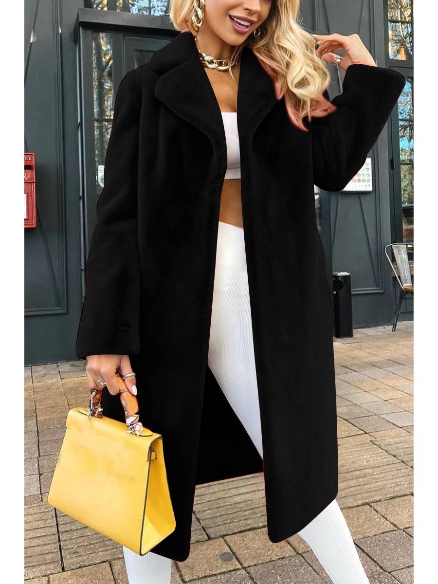 

2024 Осінньо-зимовий жіночий модний плюшевий подовжений пальто з лацканами та поясом XXL чорний