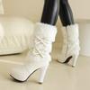 Fashion Black High Heels Mid-calf Boots for Women Faux Fur and Bow-knot Sweet White Pink Winter Women Shoes Platform Boots