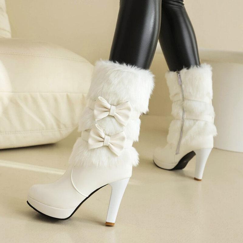 Fashion Black High Heels Mid-calf Boots for Women Faux Fur and Bow-knot Sweet White Pink Winter Women Shoes Platform Boots