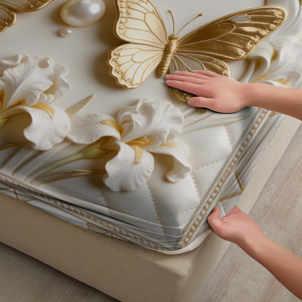 Elegant Quilted Fitted Sheet Set White With Gold Butterflies And White Flowers With Pillowcases For Bedroom Decor