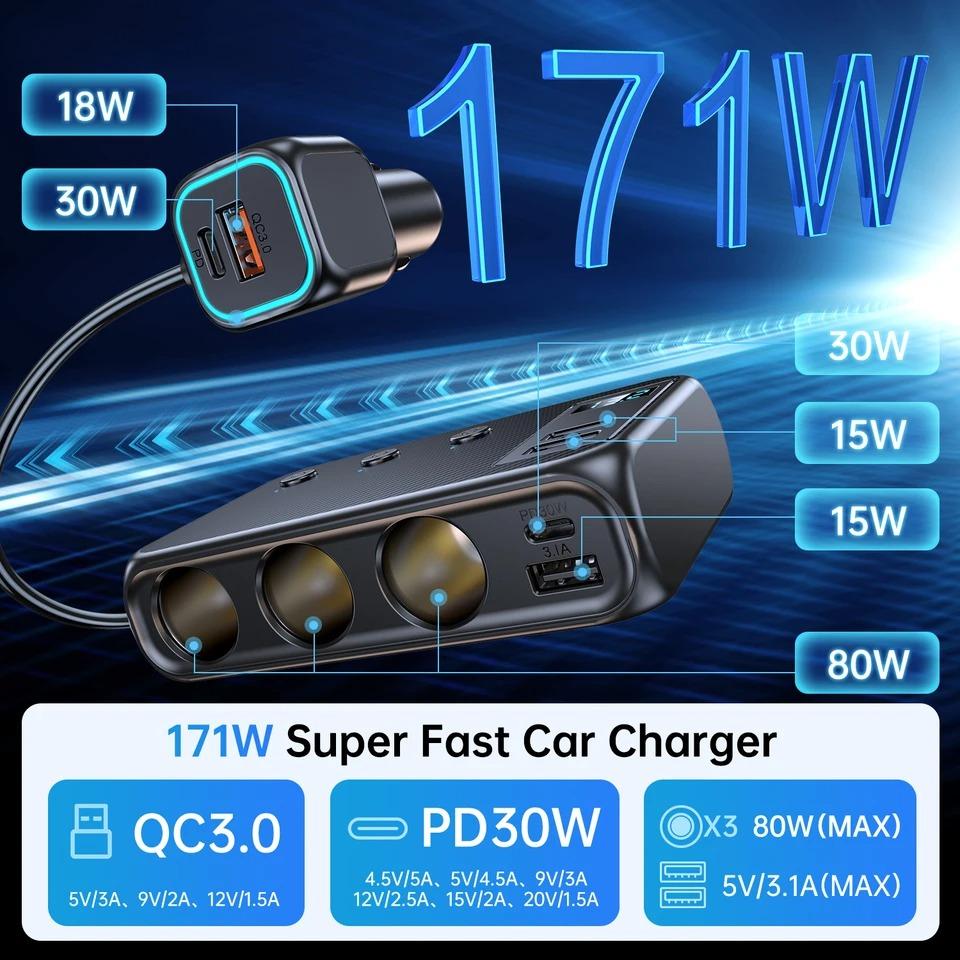 128W Car Charger Adapter 9 Port 4 USBQuick Charging PD 30W/QC 3.0 12V/24V DC Car Phone Charger for Huawei Xiaomi Samsung