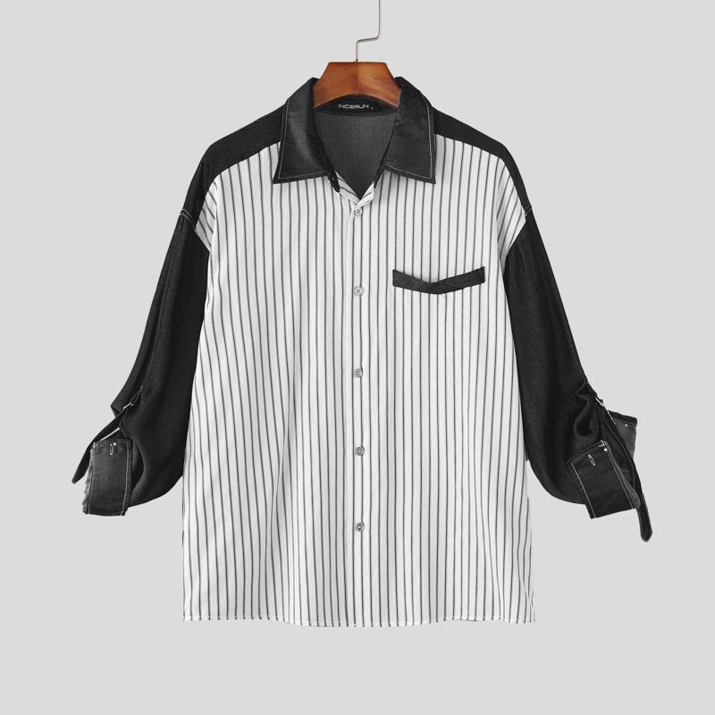 

INCERUN Men Lapel Neck Long Sleeve Patchwork Striped Print Buttons Casual Loose Shirts S чёрный